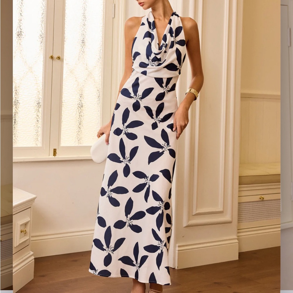 COMMENSE Semi-Sheer Halter Neck Backless Maxi Dress | S